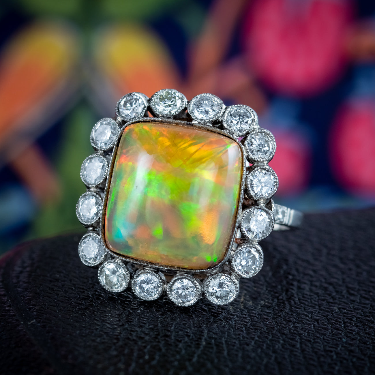 Antique Edwardian Opal Diamond Cluster Ring 6.5ct Opal 