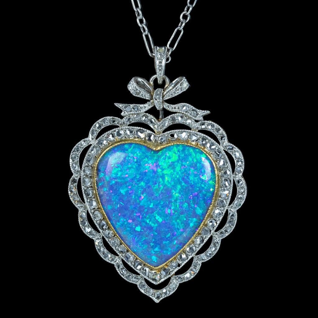 Antique Edwardian Opal Diamond Heart Pendant Necklace Platinum 18ct Gold