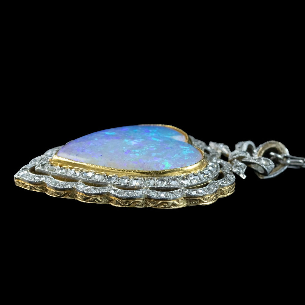 Antique Edwardian Opal Diamond Heart Pendant Necklace Platinum 18ct Gold
