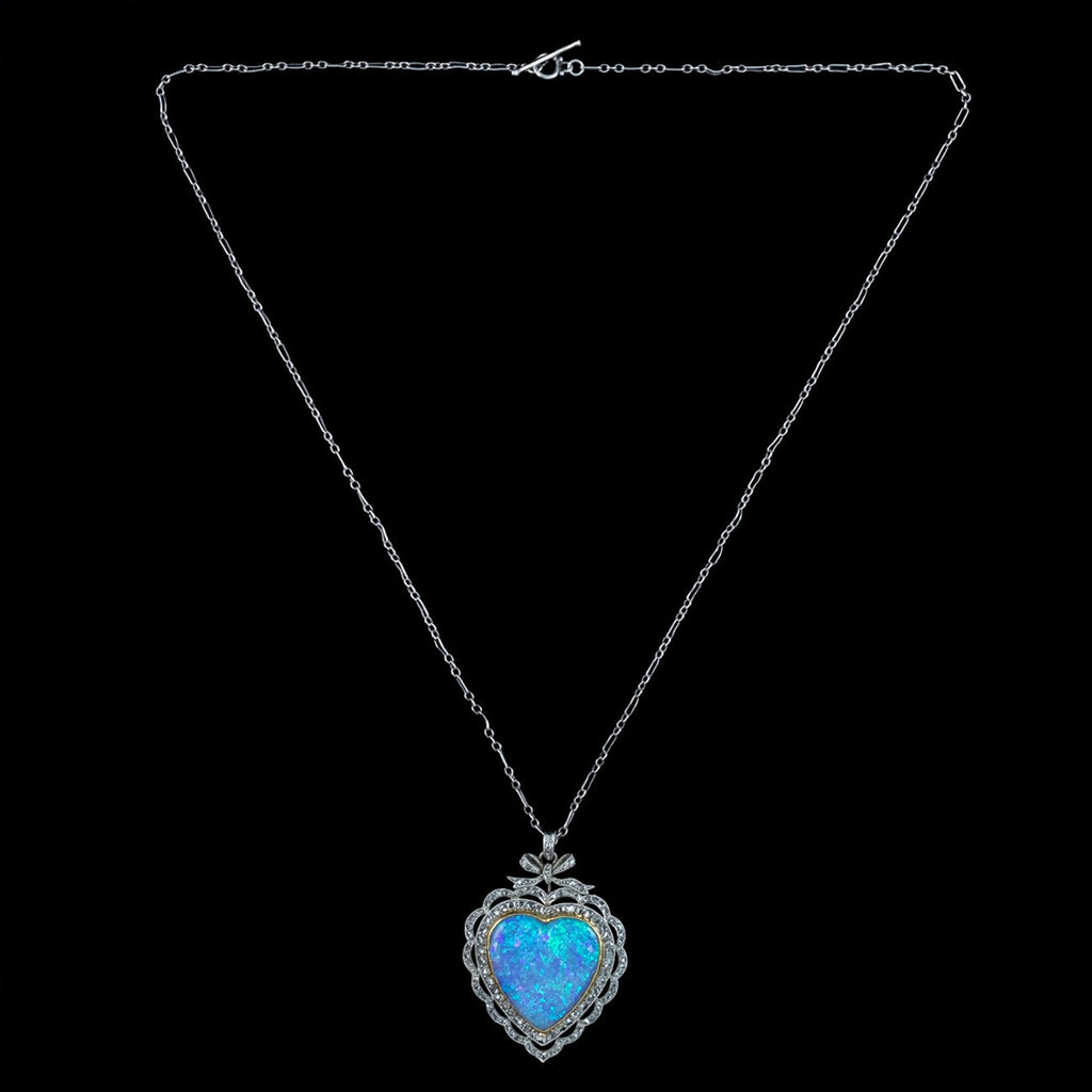 Antique Edwardian Opal Diamond Heart Pendant Necklace Platinum 18ct Gold