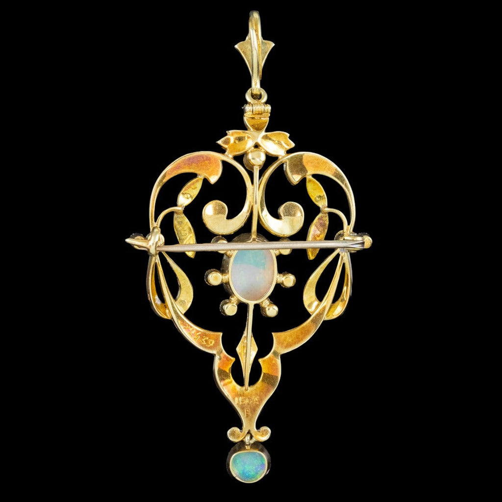 Antique Edwardian Opal Pearl Pendant Brooch 15ct Gold 