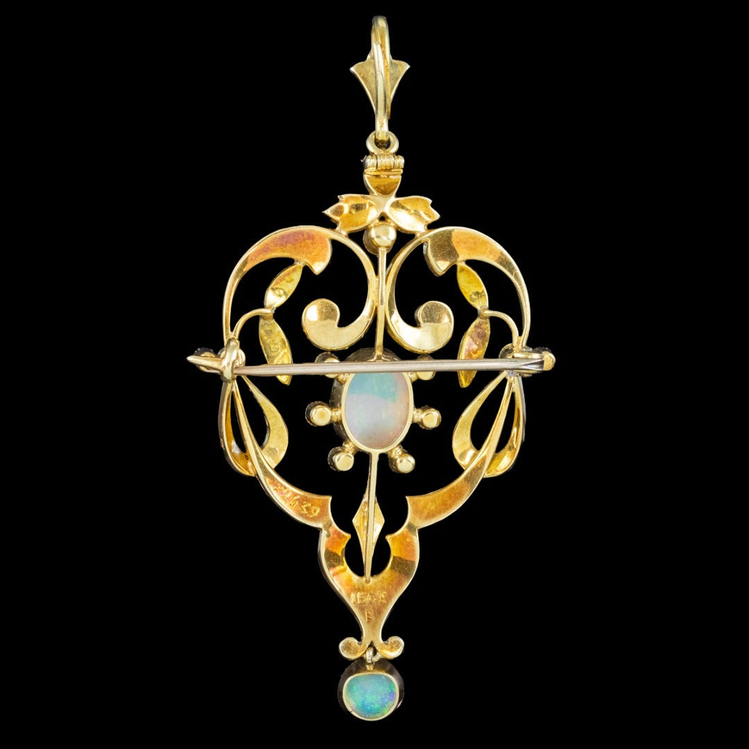 Antique Edwardian Opal Pearl Pendant Brooch 15ct Gold 