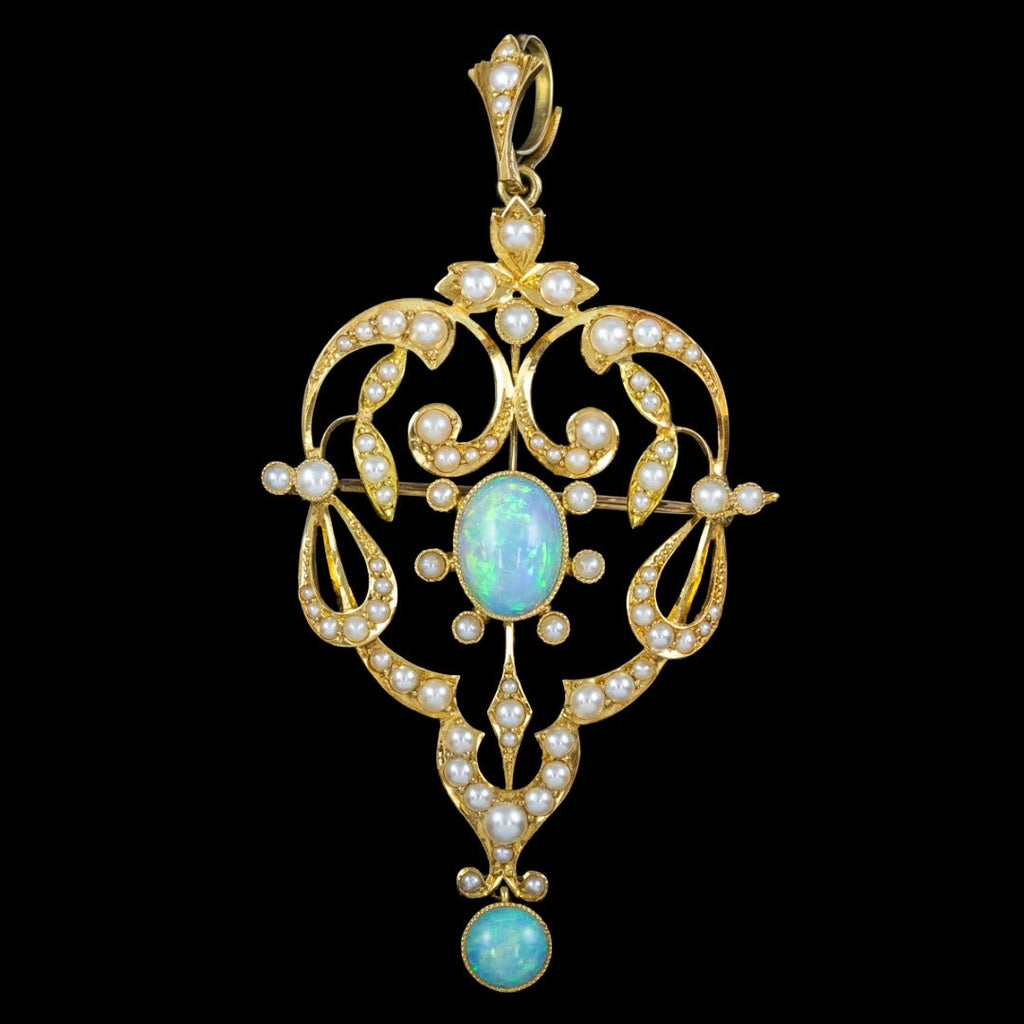 Antique Edwardian Opal Pearl Pendant Brooch 15ct Gold 