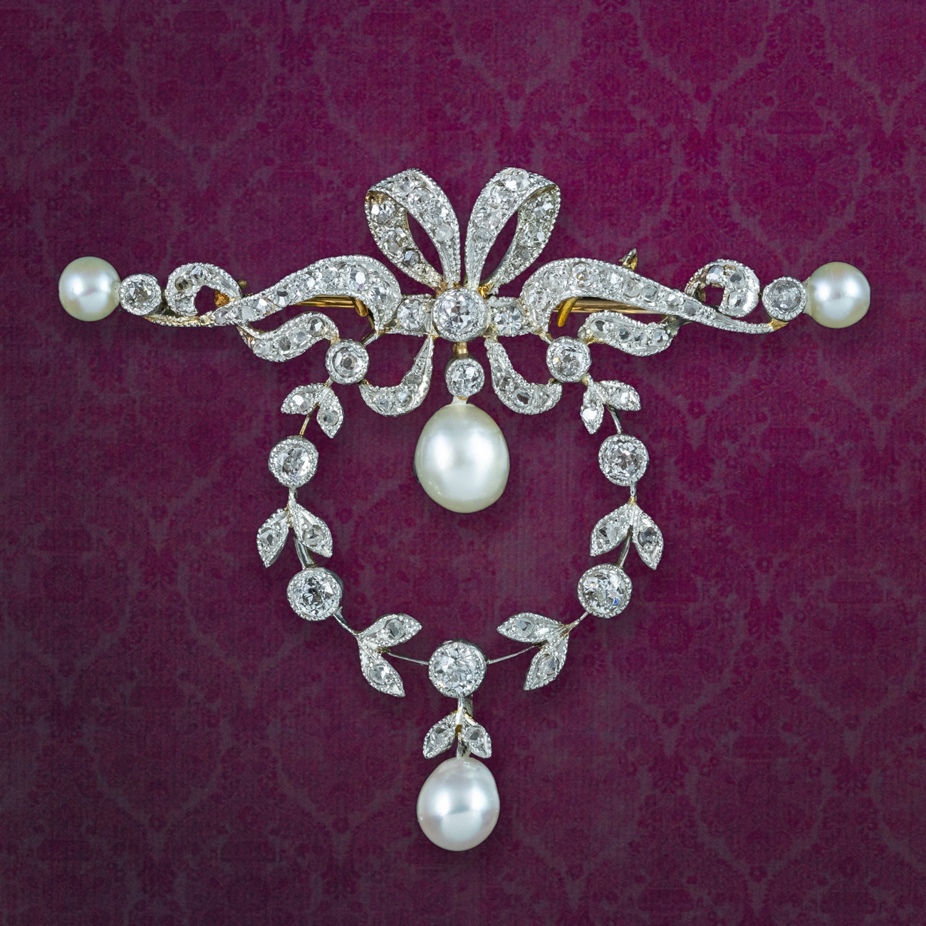 Antique Edwardian Pearl Diamond Brooch Platinum 18ct Gold