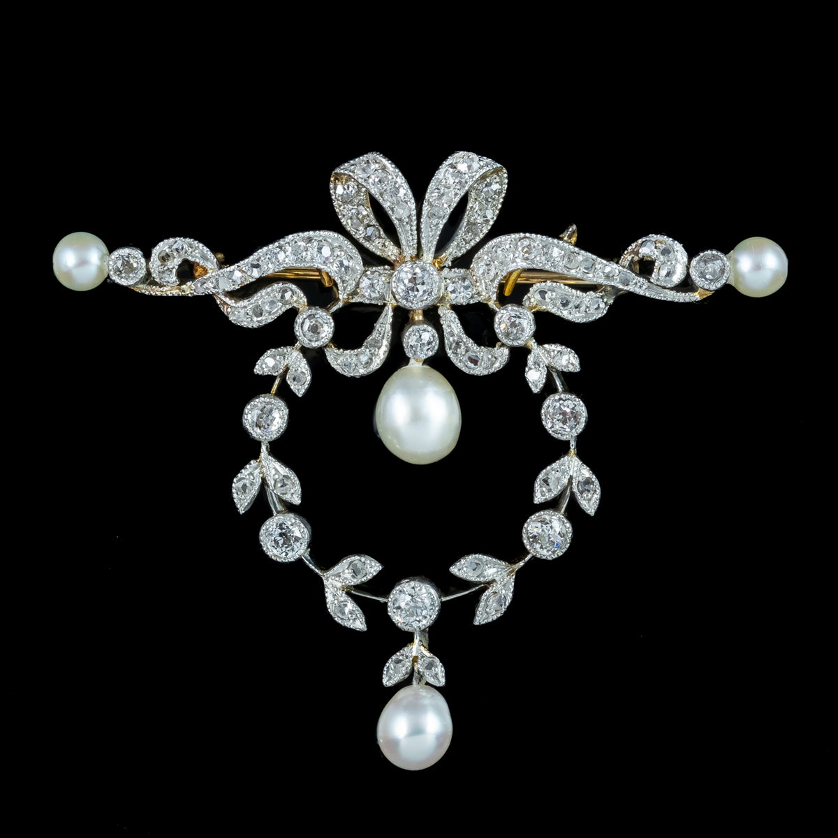Antique Edwardian Pearl Diamond Brooch Platinum 18ct Gold
