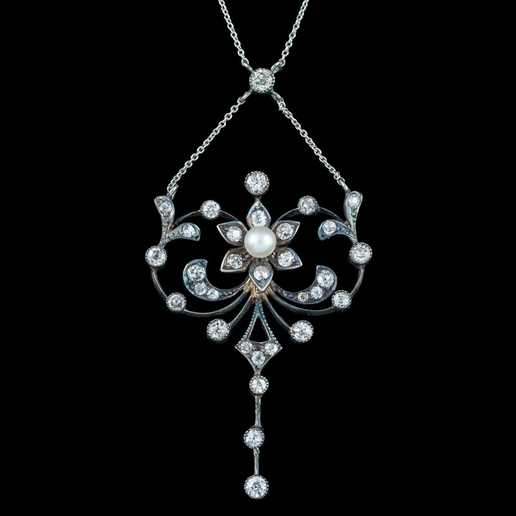 Antique Edwardian Pearl Diamond Flower Necklace With Box