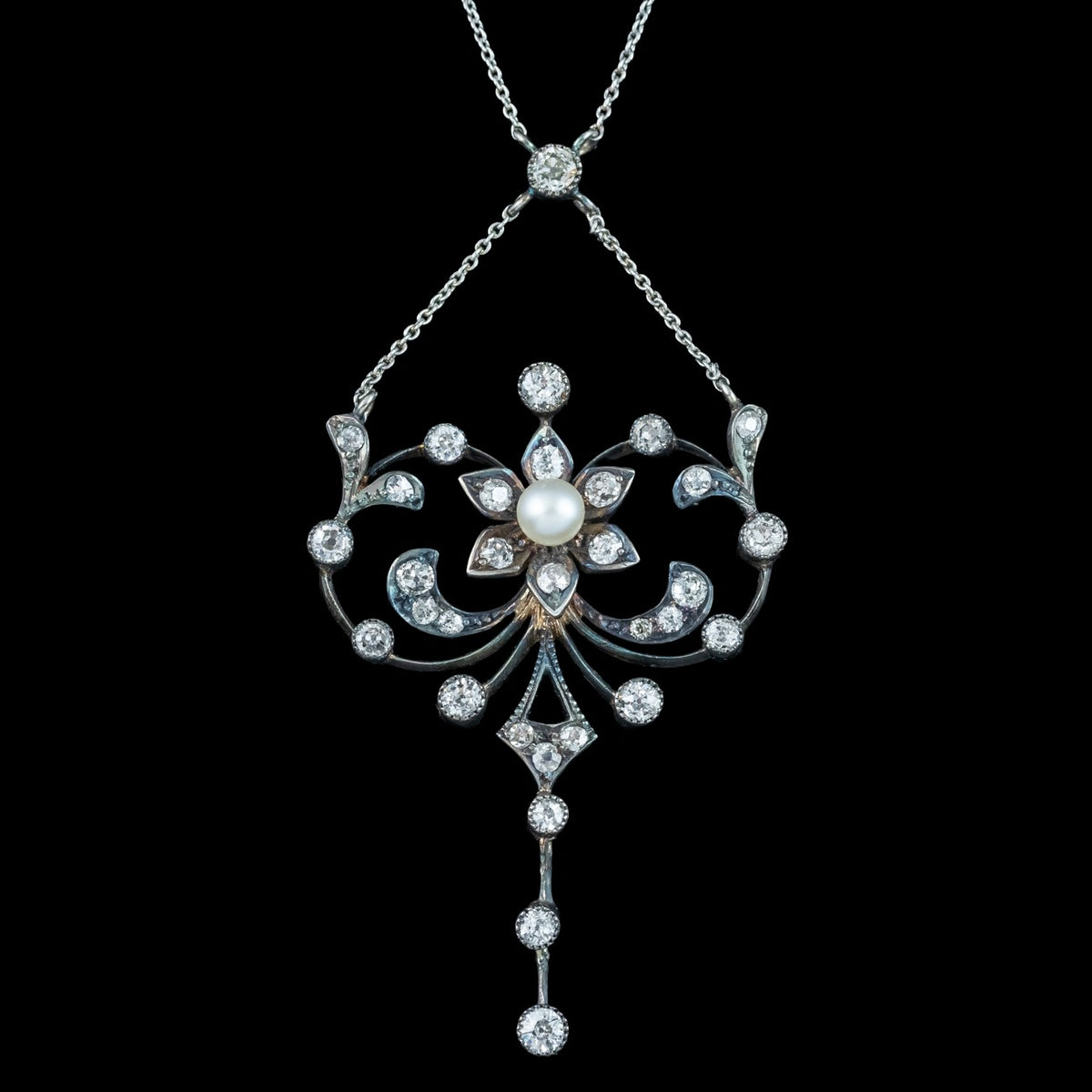 Antique Edwardian Pearl Diamond Flower Necklace With Box