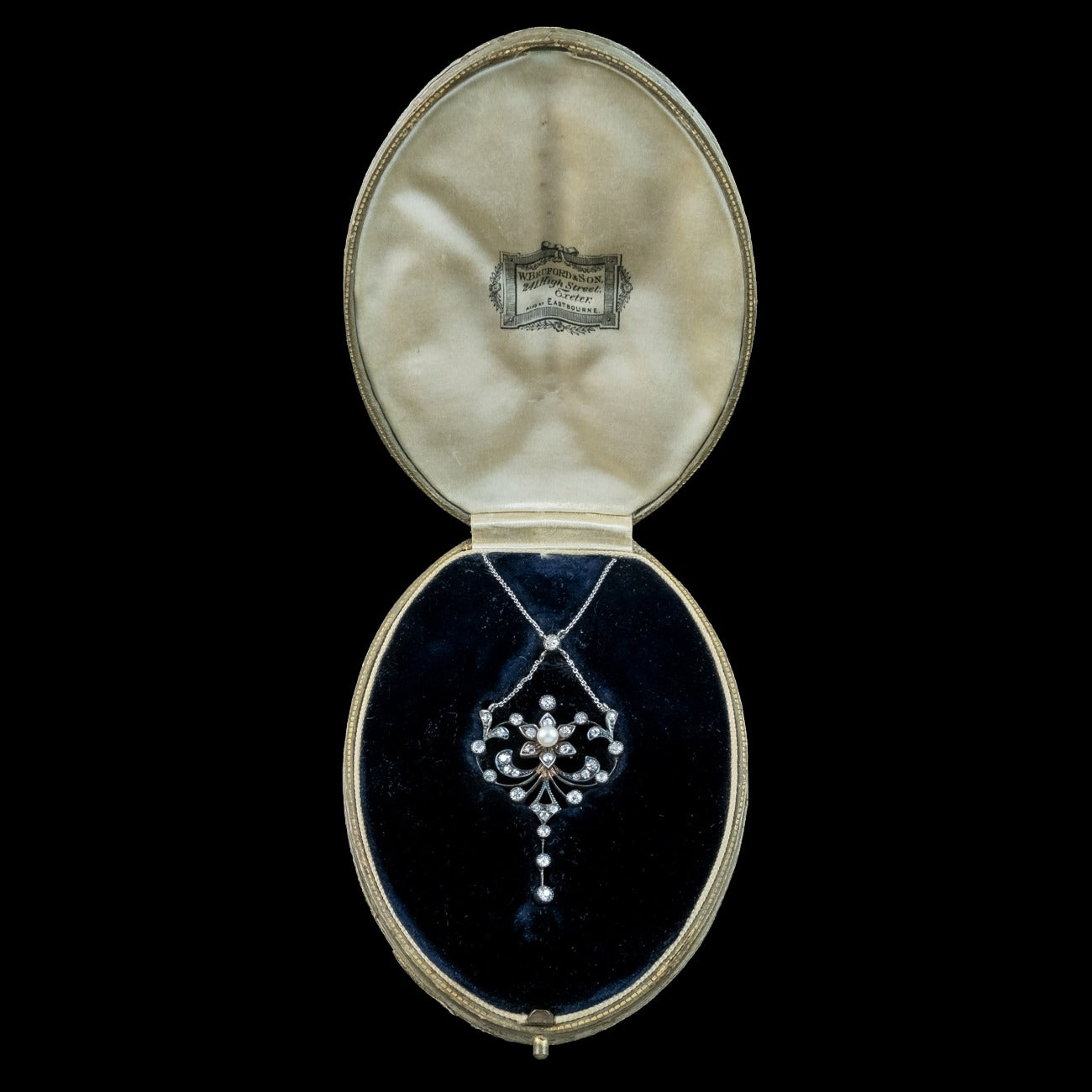 Antique Edwardian Pearl Diamond Flower Necklace With Box