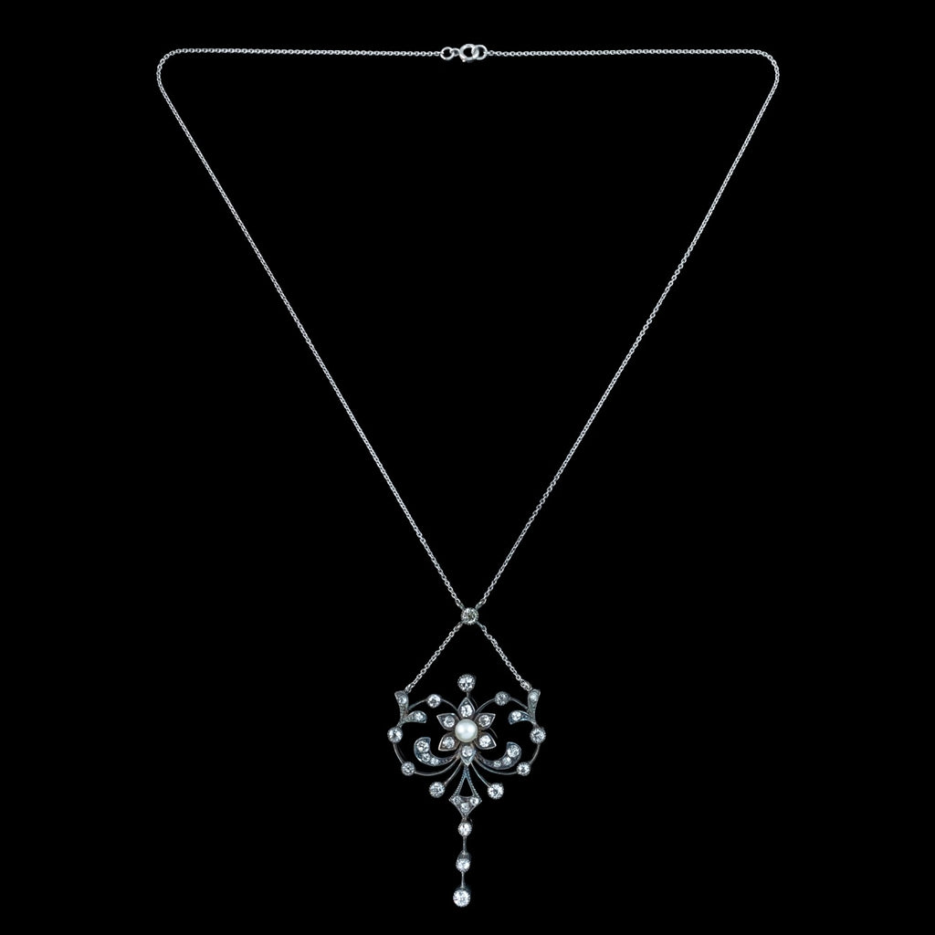 Antique Edwardian Pearl Diamond Flower Necklace With Box