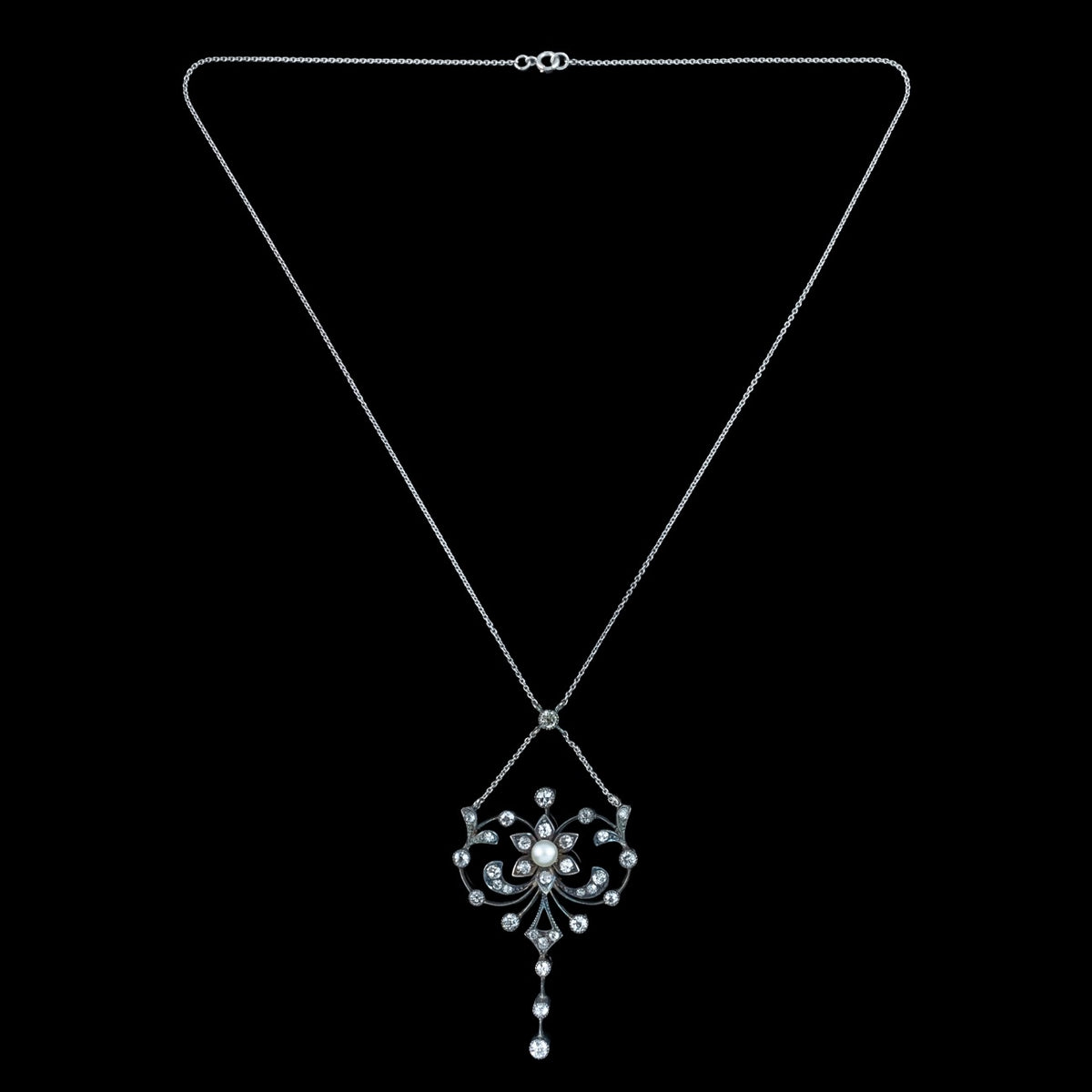 Antique Edwardian Pearl Diamond Flower Necklace With Box