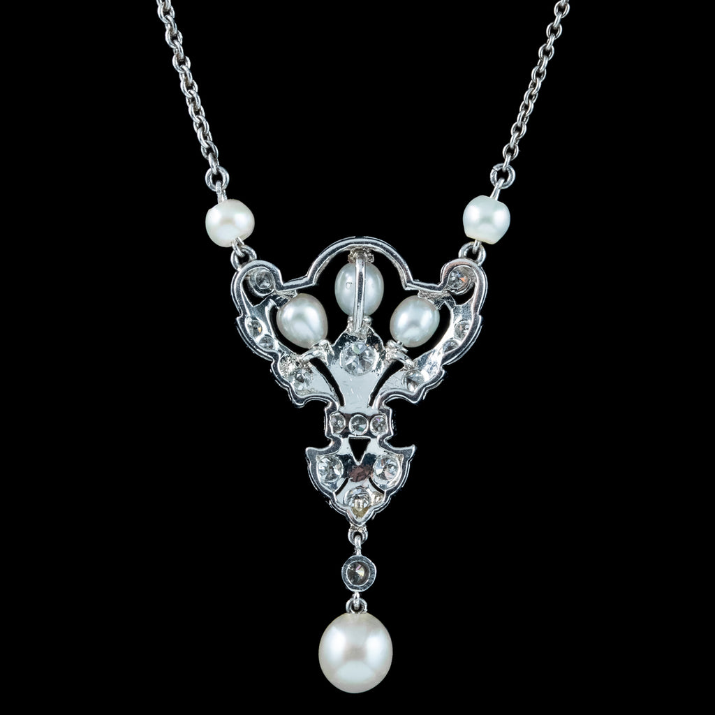 Antique Edwardian Pearl Diamond Lavaliere Necklace 14ct Gold