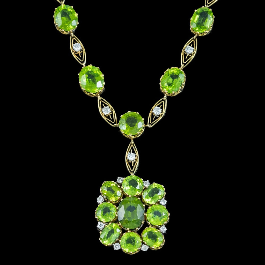 Antique Edwardian Peridot Diamond Lavaliere Necklace 18ct Gold With Box