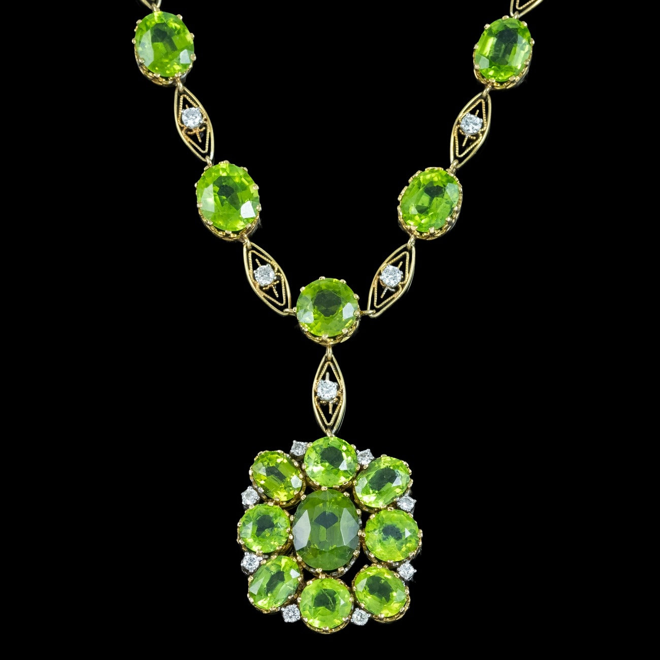 Antique Edwardian Peridot Diamond Lavaliere Necklace 18ct Gold With Box