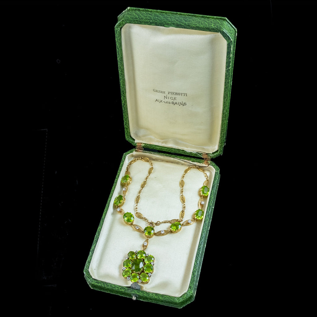 Antique Edwardian Peridot Diamond Lavaliere Necklace 18ct Gold With Box