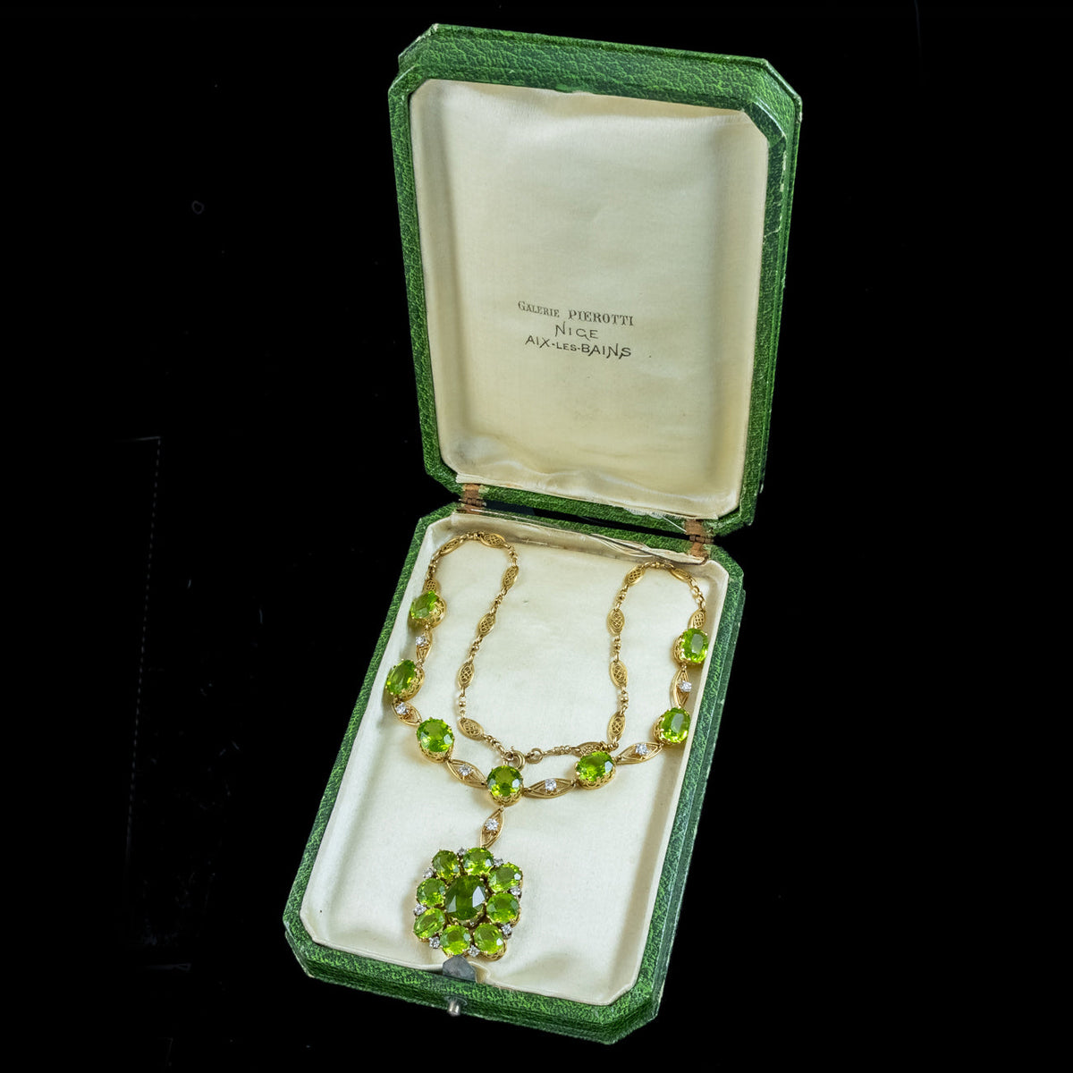 Antique Edwardian Peridot Diamond Lavaliere Necklace 18ct Gold With Box