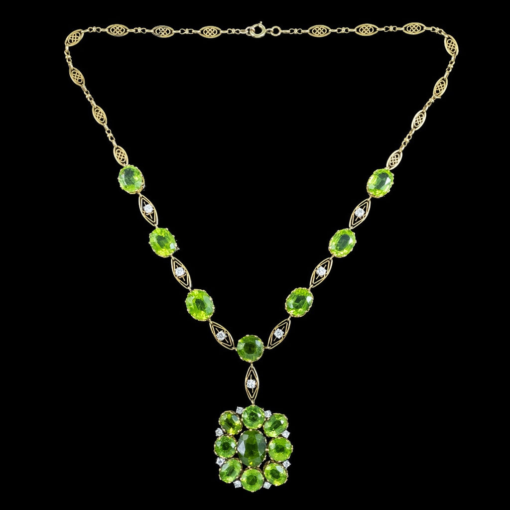 Antique Edwardian Peridot Diamond Lavaliere Necklace 18ct Gold With Box