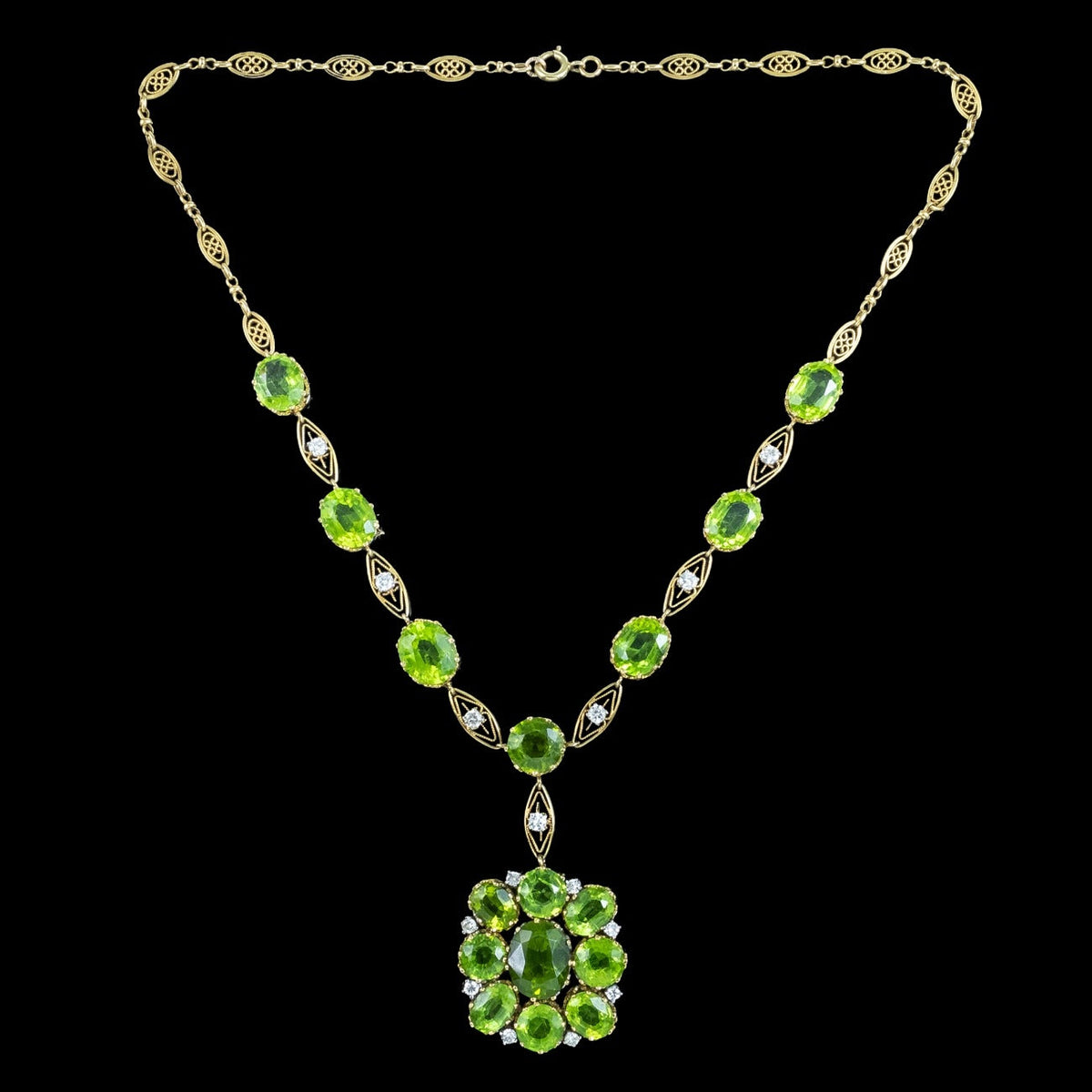 Antique Edwardian Peridot Diamond Lavaliere Necklace 18ct Gold With Box