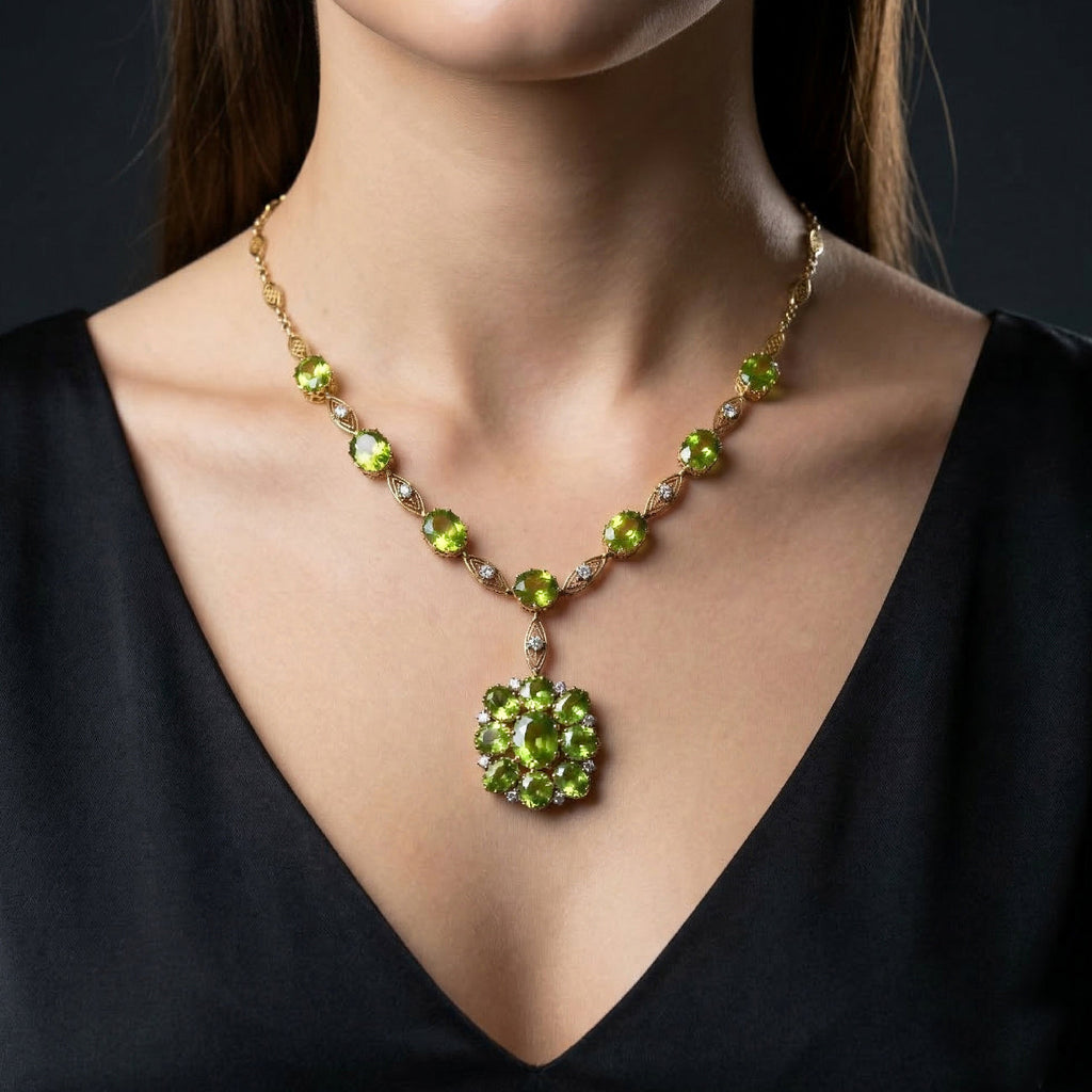 Antique Edwardian Peridot Diamond Lavaliere Necklace 18ct Gold With Box