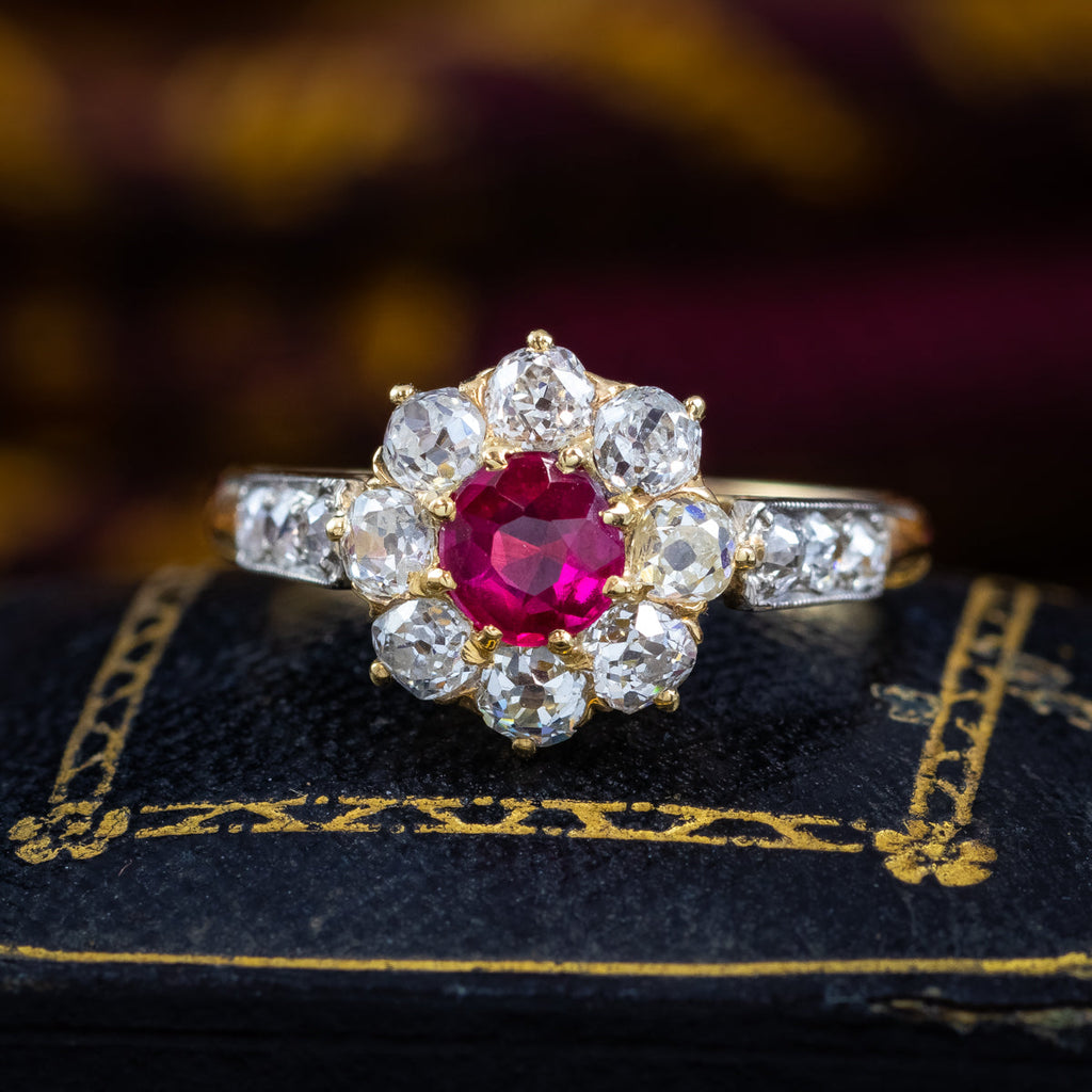 Antique Edwardian Ruby Diamond Cluster Ring 0.45ct Ruby