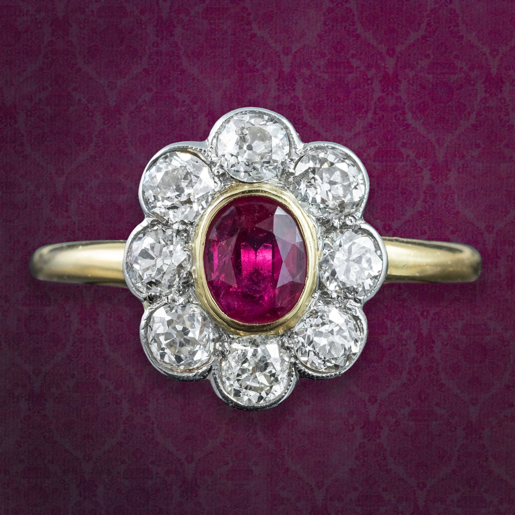 Antique Edwardian Ruby Diamond Daisy Cluster Ring 0.70ct Ruby