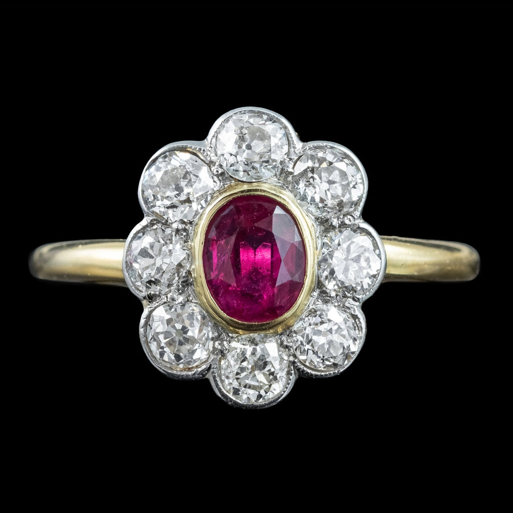 Antique Edwardian Ruby Diamond Daisy Cluster Ring 0.70ct Ruby