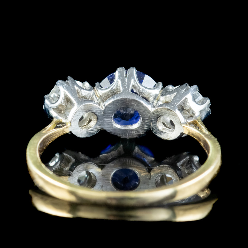 Antique Edwardian Sapphire Diamond Trilogy Ring 1.41ct Sapphire With Cert