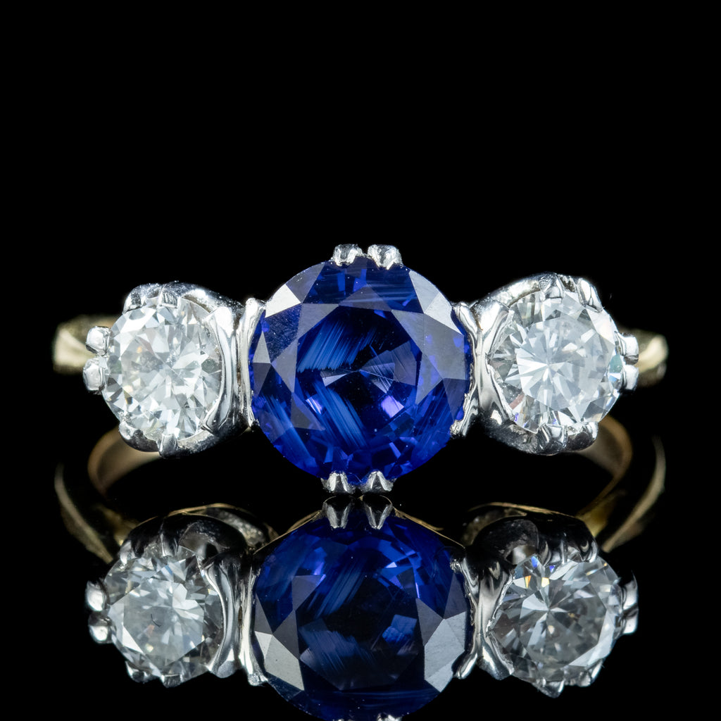 Antique Edwardian Sapphire Diamond Trilogy Ring 1.41ct Sapphire With Cert