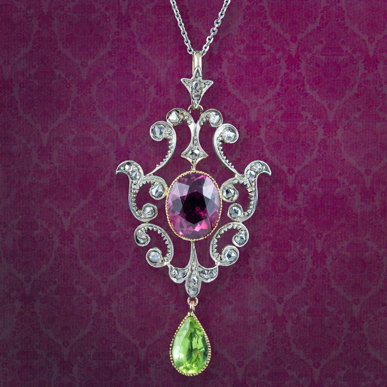 Antique Edwardian Suffragette Tourmaline Peridot Diamond Pendant Necklace Main image