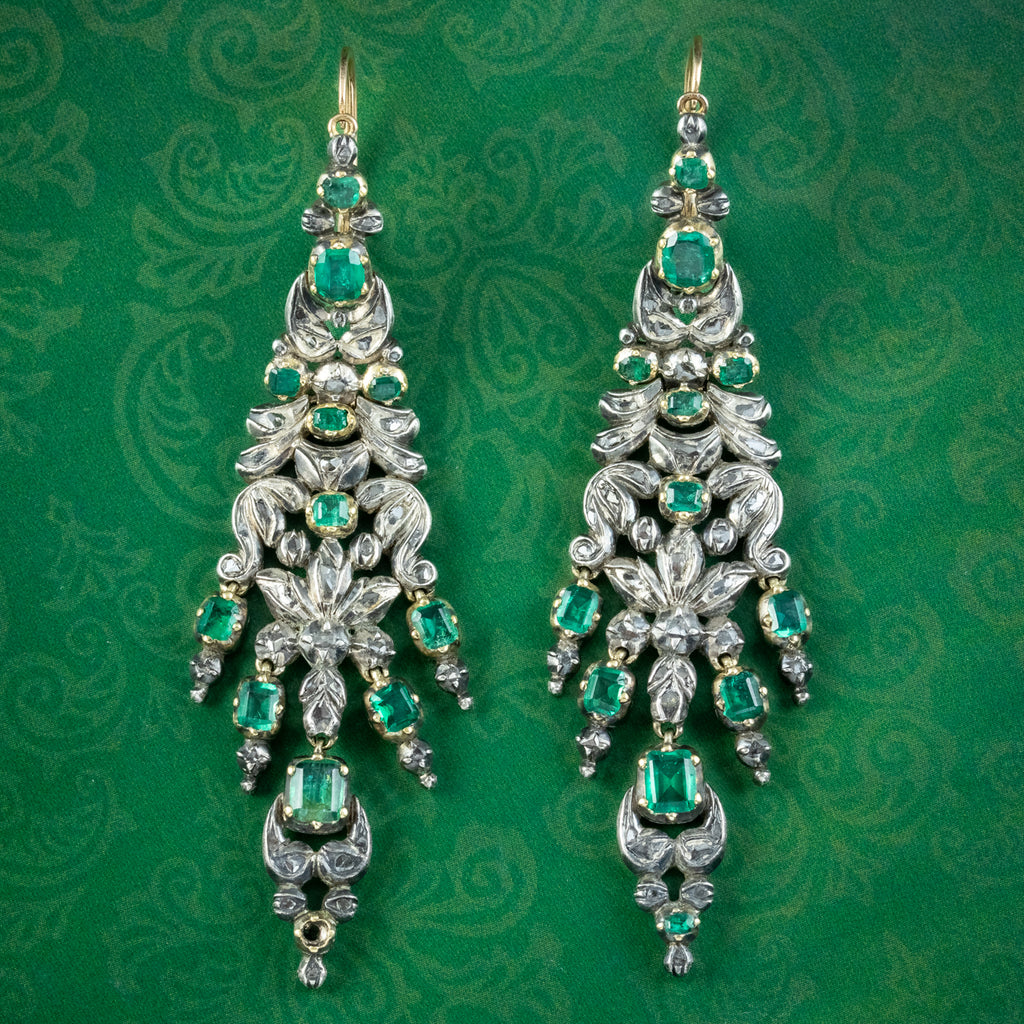 Antique Georgian Emerald Diamond Chandelier Earrings 5ct Of Emerald