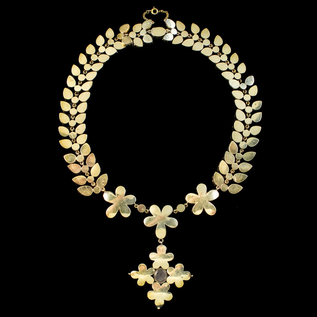 Antique Georgian Garnet Floral Collar Necklace And Earrings Suite With Box