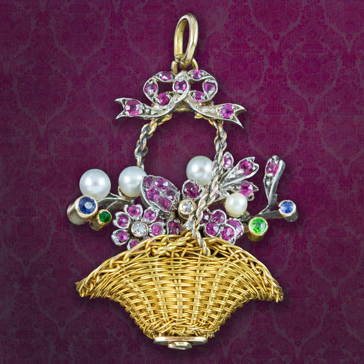 Antique Georgian Giardinetti Flower Basket Pendant Ruby Pearl Sapphire  Main image