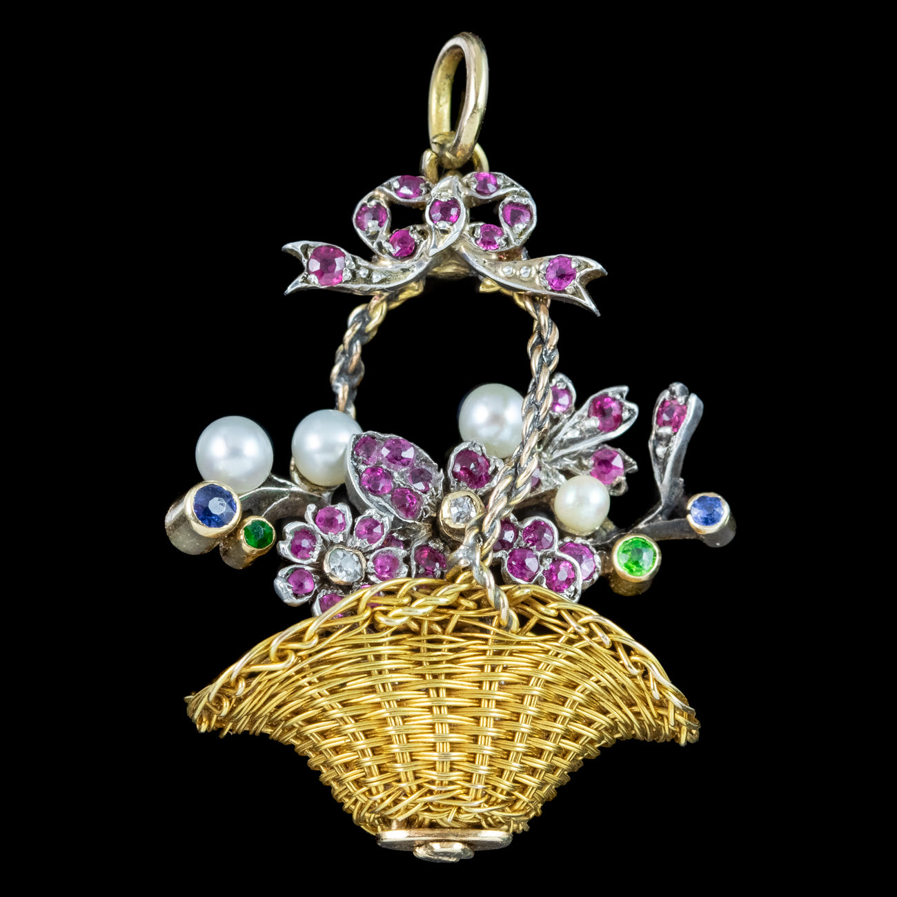 Antique Georgian Giardinetti Flower Basket Pendant Ruby Pearl Sapphire Secondary image