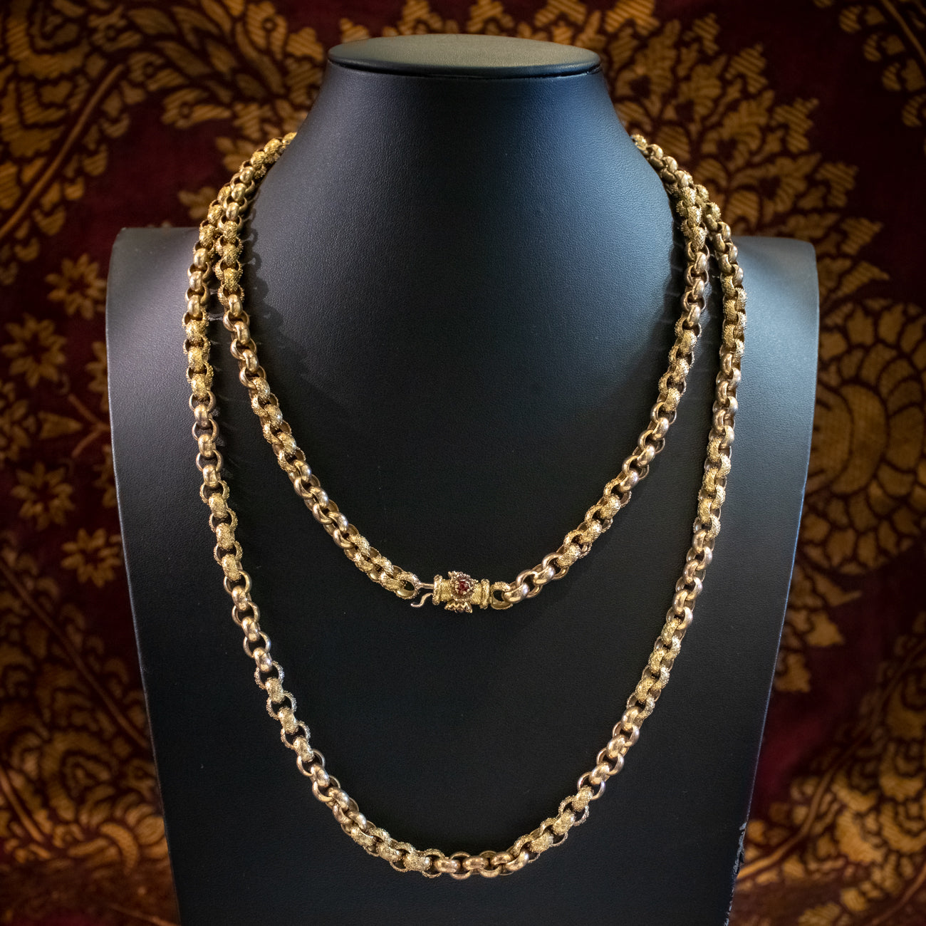 Antique Georgian Long Cable Chain Pinchbeck Red Paste Clasp Secondary image