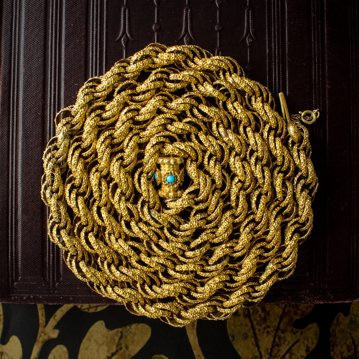 Antique Georgian Long Pinchbeck Rope Chain Turquoise Clasp