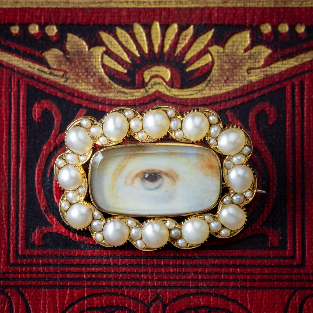 Antique Georgian Lovers Eye Mourning Brooch Pearls 18ct Gold 