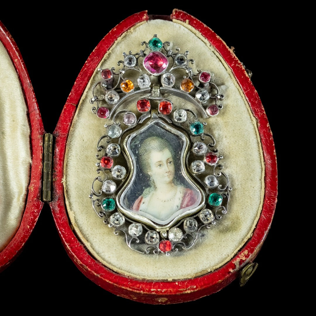 Antique Georgian Miniature Portrait Pendant Brooch Queen Maria I With Box