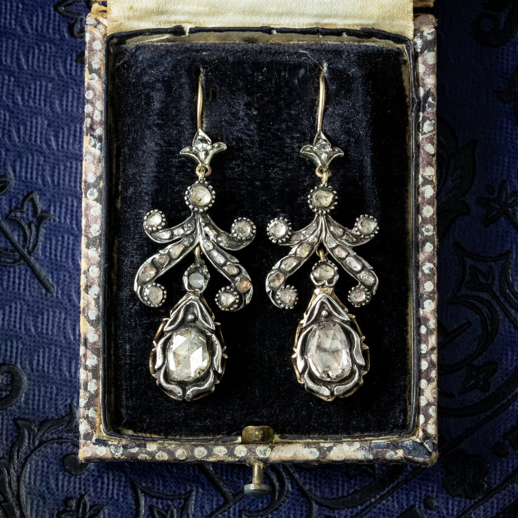 Antique Georgian Rose Cut Diamond Drop Earrings 3.5ct Total