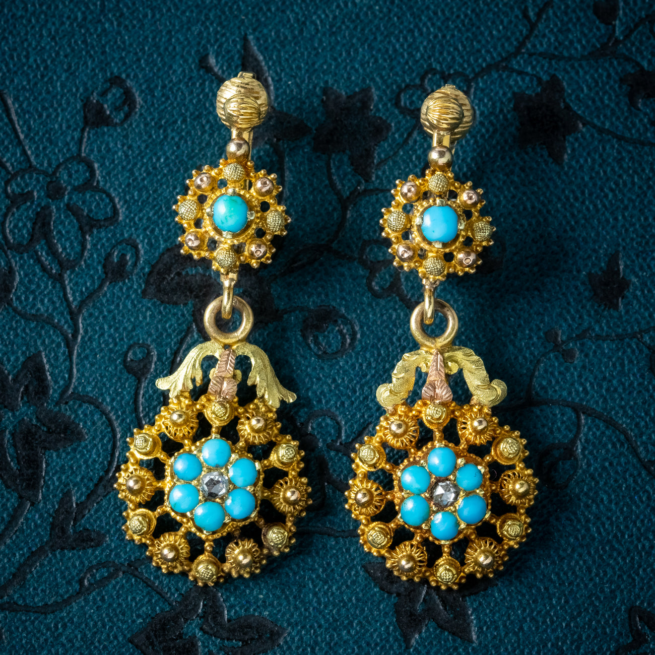 Antique Georgian Turquoise Diamond Forget Me Not Drop Earrings Secondary image