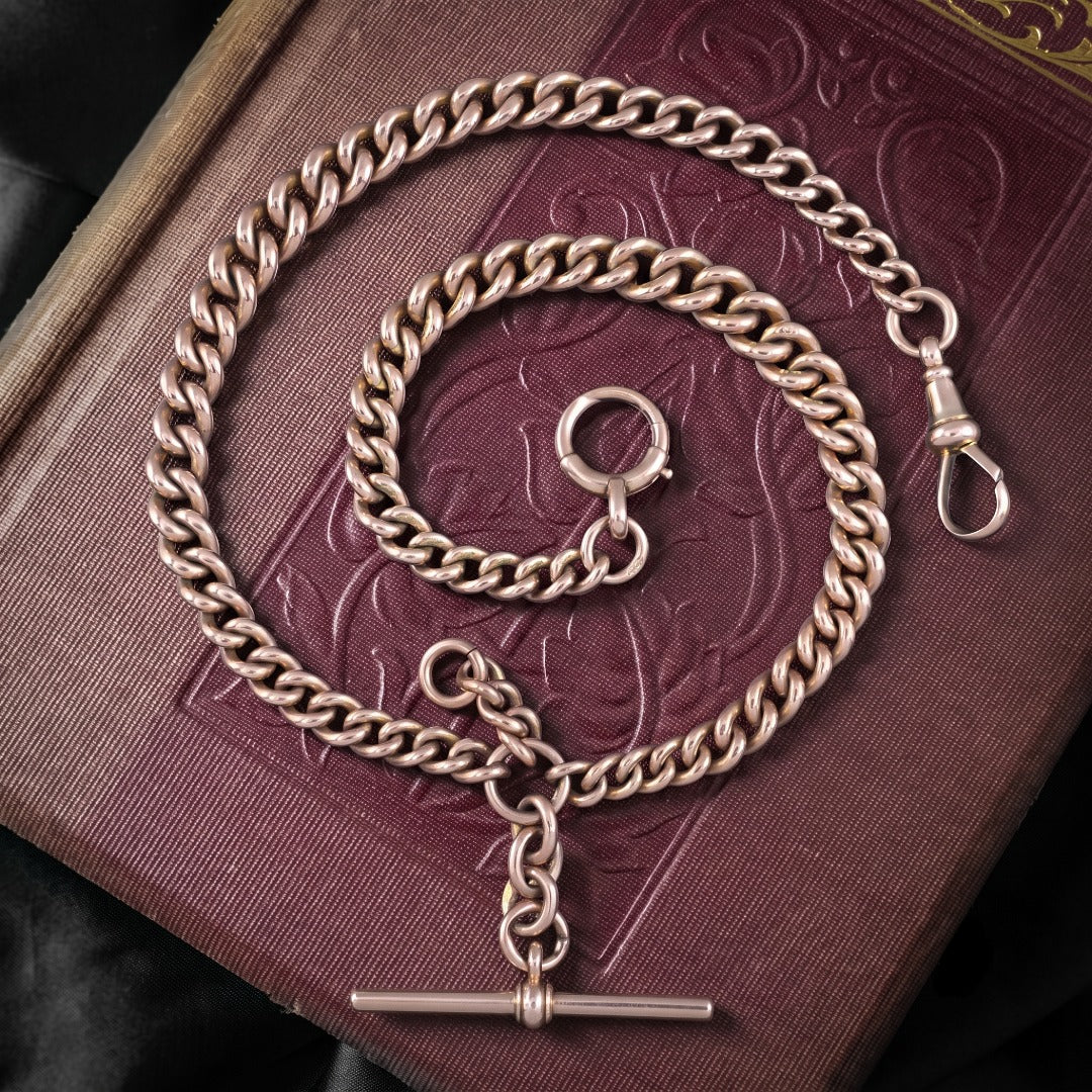 Antique Victorian Albert Chain Solid 9ct Rose Gold 15.5 Inch Dated 1881