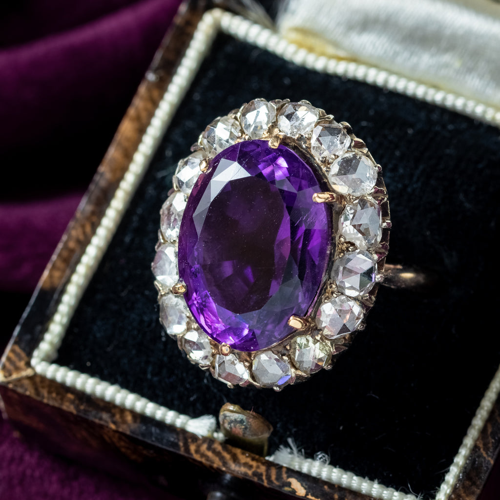 Antique Victorian Amethyst Diamond Cluster Ring 8.5ct Amethyst
