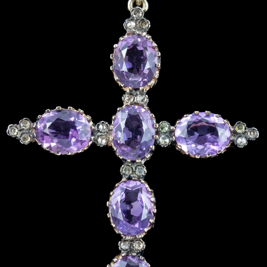 Antique Victorian Amethyst Diamond Cross Pendant 13.8ct Of Amethyst