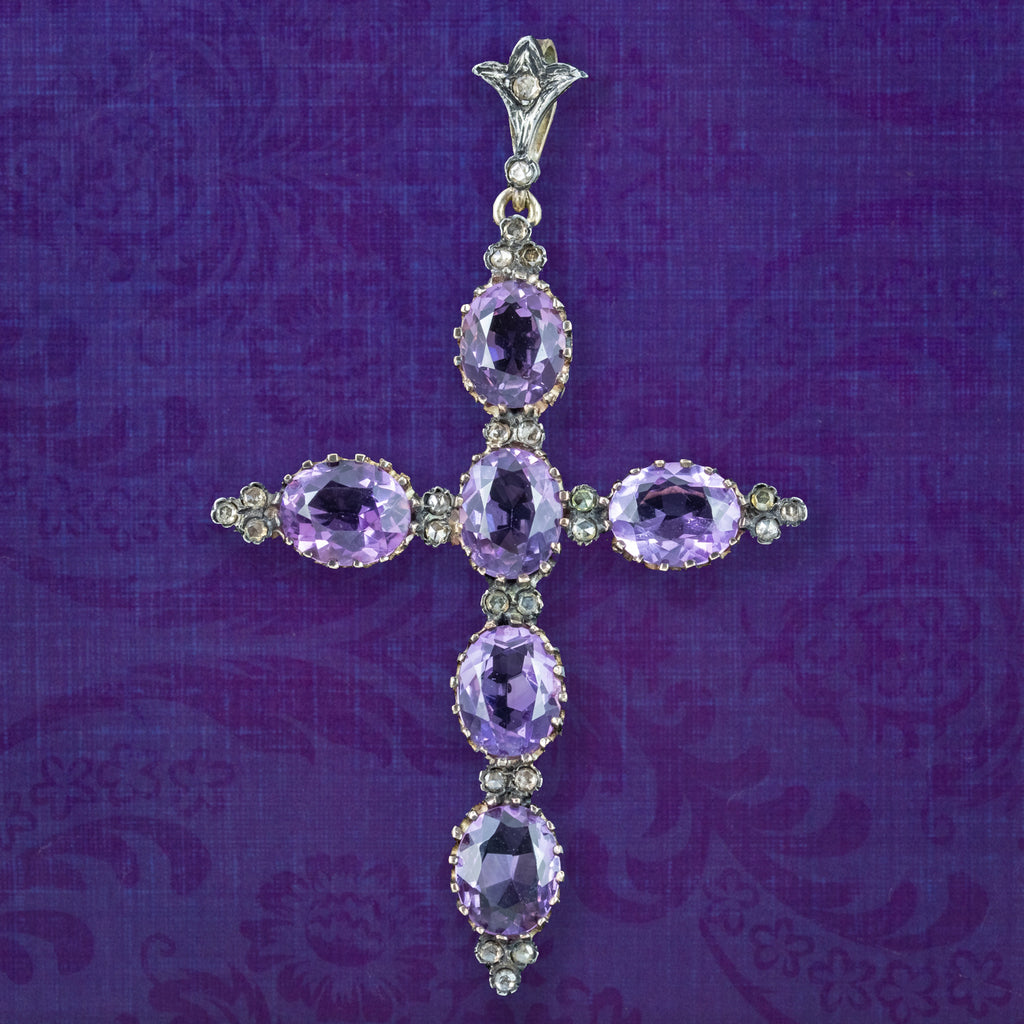 Antique Victorian Amethyst Diamond Cross Pendant 13.8ct Of Amethyst