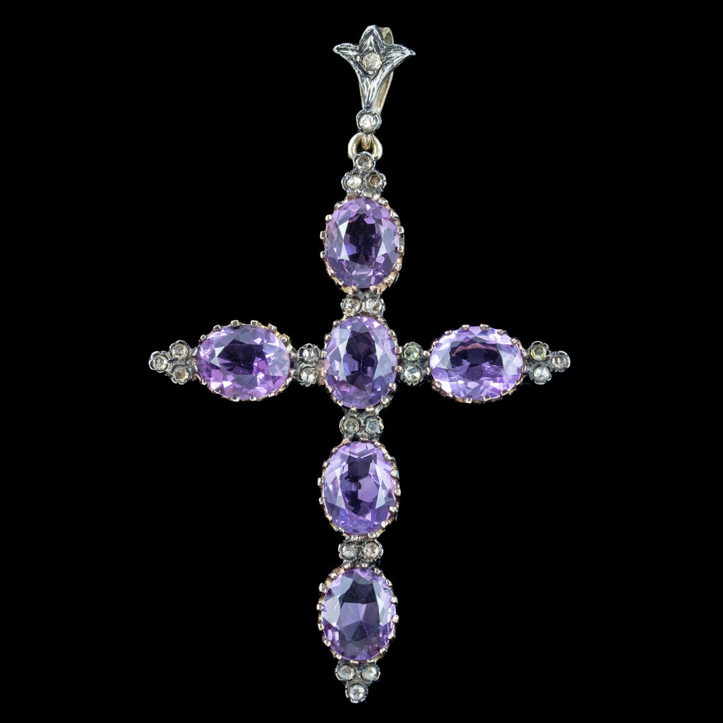 Antique Victorian Amethyst Diamond Cross Pendant 13.8ct Of Amethyst