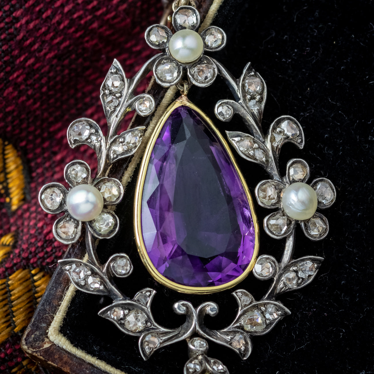 Antique Victorian Amethyst Diamond Pearl Pendant Silver 18ct Gold