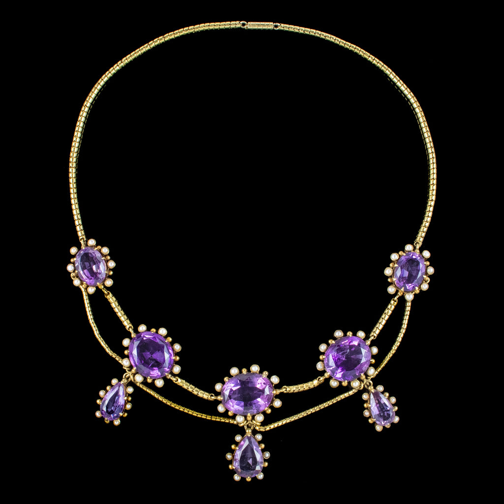Antique Victorian Amethyst Pearl Festoon Necklace 18ct Gold