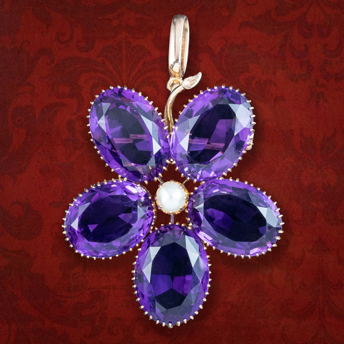 Antique Victorian Amethyst Pearl Leaf Pendant 15ct Gold Main image