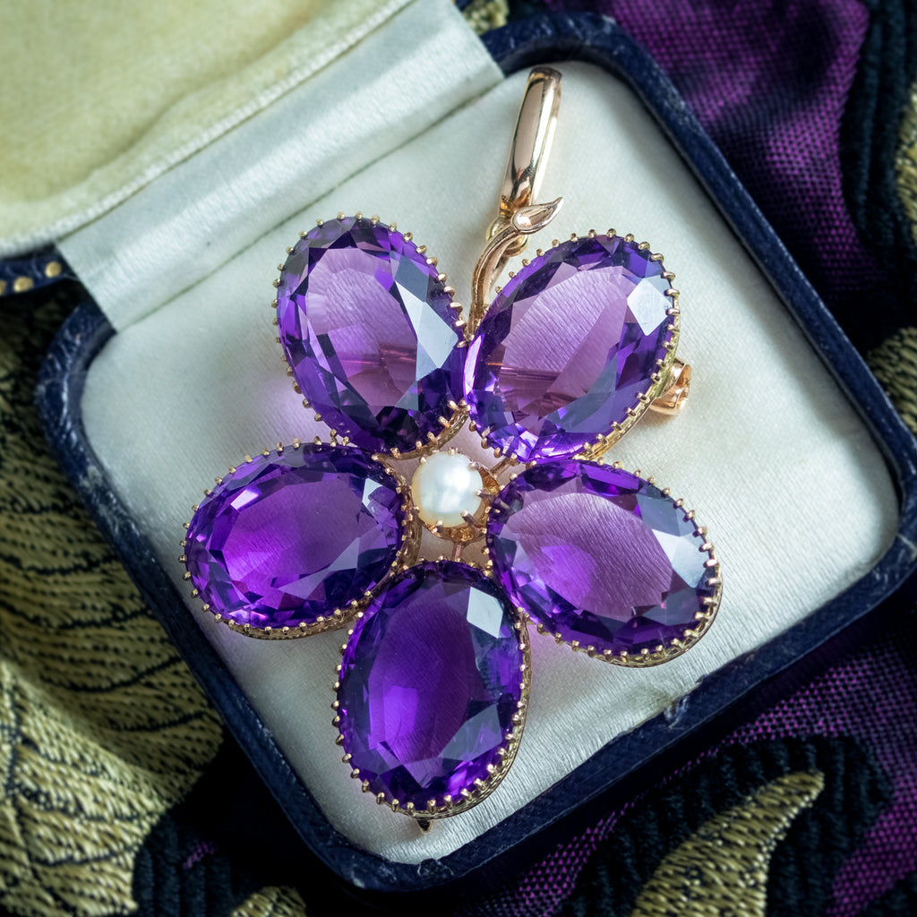 Antique Victorian Amethyst Pearl Leaf Pendant 15ct Gold
