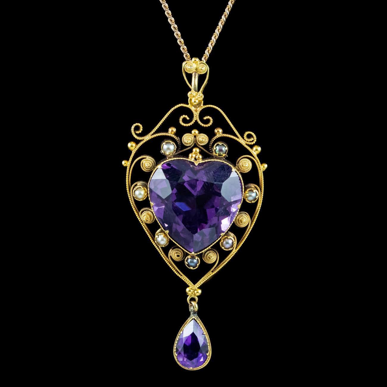 Antique Victorian Amethyst Pearl Heart Pendant Necklace 10ct Amethyst Secondary image
