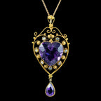 Antique Victorian Amethyst Pearl Heart Pendant Necklace 10ct Amethyst