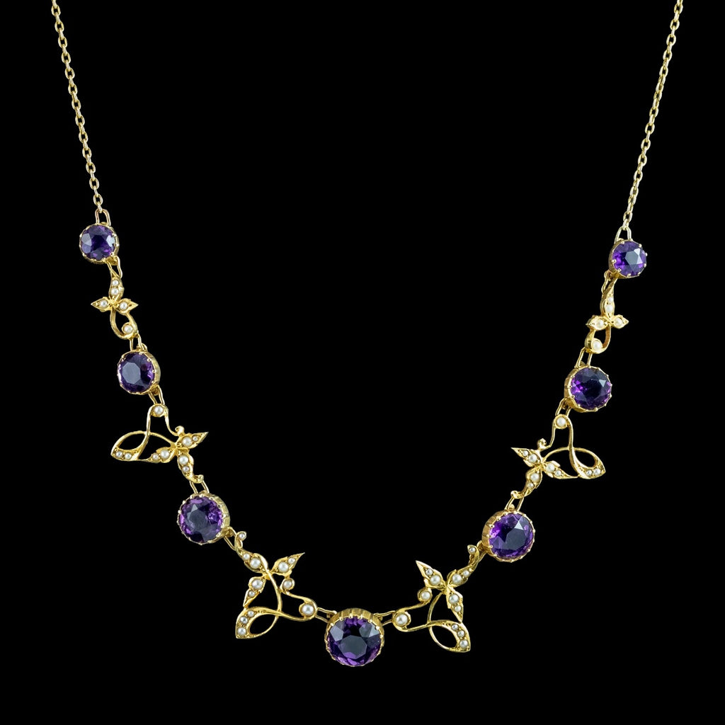 Antique Victorian Amethyst Pearl Necklace 15ct Gold With Box